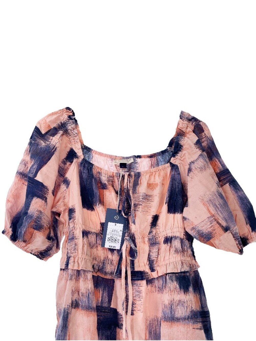 Universal Thread Abstract Small Cotton Peach Pink Blue Dress Puff Sleeve Pockets - Picture 3 of 13